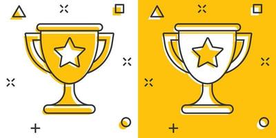 icône de coupe de trophée de dessin animé de vecteur dans le style comique. pictogramme d'illustration de signe gagnant. concept d'effet d'éclaboussure d'entreprise de prix de récompense.