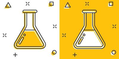 icône de tube à essai chimique de dessin animé de vecteur dans le style comique. pictogramme d'illustration de signe de verrerie de laboratoire. concept d'effet d'éclaboussure d'entreprise de flacons.