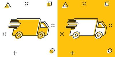 camion de dessin animé de vecteur, icône de voiture dans le style comique. pictogramme d'illustration de signe d'expédition de service de livraison rapide. concept d'effet d'éclaboussure d'entreprise de van de voiture. vecteur