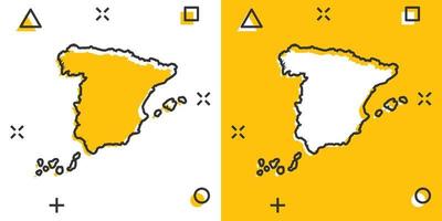 icône de carte d'espagne de dessin animé de vecteur dans le style comique. pictogramme d'illustration de signe d'espagne. carte de cartographie concept d'effet d'éclaboussure d'entreprise.