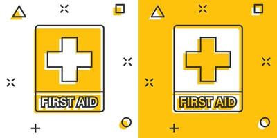 icône de signe de premiers secours dans le style comique. santé, aide et illustration de dessin animé de vecteur médical sur fond blanc isolé. effet d'éclaboussure du concept d'entreprise hospitalière.