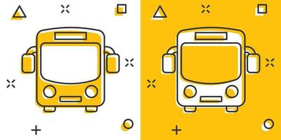 icône de bus scolaire dans le style comique. illustration de dessin animé de vecteur d'autobus sur fond blanc isolé. effet d'éclaboussure du concept d'entreprise de transport en autocar.