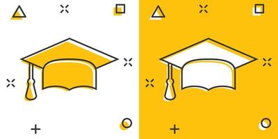 icône de chapeau de graduation de dessin animé dans le style comique. terminer le pictogramme d'illustration de signe d'éducation. concept d'entreprise d'éducation. vecteur