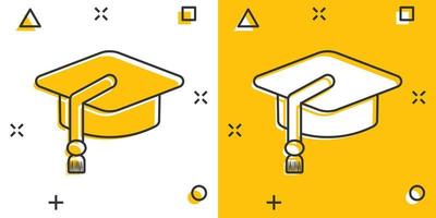 icône de chapeau d'éducation de dessin animé dans le style comique. pictogramme d'illustration de casquette de célibataire. signe de l'éducation splash concept d'entreprise. vecteur