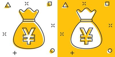 yen de dessin animé de vecteur, icône de devise d'argent de sac de yuan dans le style comique. pictogramme d'illustration de concept de sac de pièces de monnaie yen. concept d'effet d'éclaboussure d'affaires d'argent en asie. vecteur