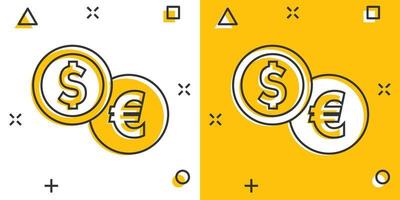 icône de pile de pièces de monnaie dans le style comique. dollar, pictogramme d'illustration de dessin animé de vecteur de pièce d'euro. effet splash de concept d'entreprise empilé d'argent.