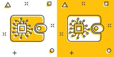 icône de portefeuille numérique dans le style comique. pictogramme d'illustration de dessin animé de vecteur de sac crypto. finance en ligne, effet d'éclaboussure du concept d'entreprise de commerce électronique.