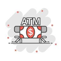 icône argent atm dans le style comique. échange d'illustration vectorielle de dessin animé en espèces sur fond blanc isolé. concept d'entreprise d'effet d'éclaboussure de billet de banque. vecteur