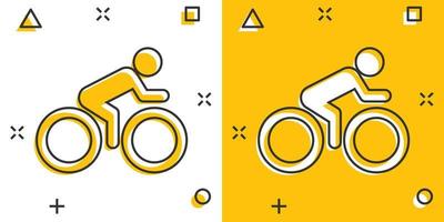 les gens sur l'icône de signe de vélo dans le style comique. illustration de dessin animé de vecteur de vélo sur fond blanc isolé. hommes vélo effet splash concept d'entreprise.