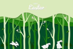 carte de voeux de pâques avec une famille de lapins découpée dans du papier heureuse sur la forêt de printemps vecteur