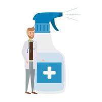 médecin avec vaporisateur de désinfectant pour bouteille vecteur