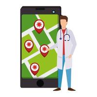 médecin et smartphone avec application de localisation des infections covid 19 vecteur