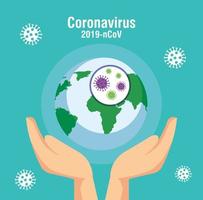 mains et planète terre avec des particules ncov 2019 vecteur