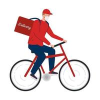 livraison de marchandises lors de la prévention du coronavirus, courrier à vélo utilisant un masque facial vecteur