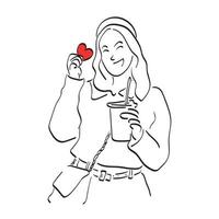 femme tenant un coeur rouge et un vecteur d'illustration de café glacé dessinés à la main isolés sur fond blanc dessin au trait.