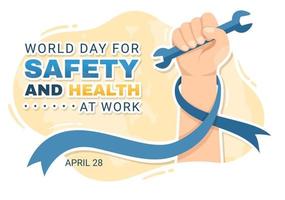 journée mondiale de la sécurité et de la santé au travail le 28 avril illustration avec outil mécanique en dessin animé plat dessiné à la main pour une bannière web ou un modèle de page de destination vecteur