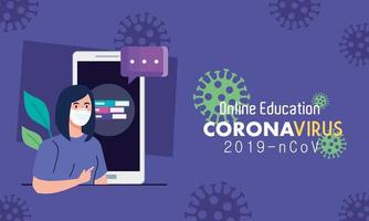 Conseils d'éducation en ligne pour arrêter la propagation du coronavirus covid-19, apprentissage en ligne, femme diplômée avec un smartphone vecteur