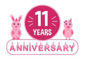 11e anniversaire. thème de bannière de célébration d'anniversaire de onze ans avec des animaux roses pour les enfants. vecteur