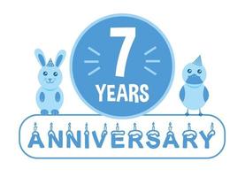 7e anniversaire. bannière de célébration d'anniversaire de sept ans avec le thème des animaux bleus pour les enfants. vecteur