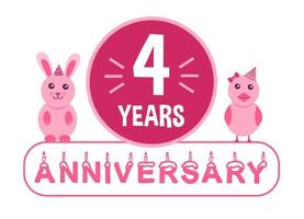 4e anniversaire. bannière de célébration d'anniversaire de quatre ans avec le thème des animaux roses pour les enfants. vecteur