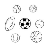 ballons de sport isolés sur fond blanc. jeu d'illustrations vectorielles de croquis de doodle. football, tennis, balles de baseball vecteur