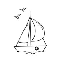 bateau de mouettes doodle dessinés à la main ou voilier sur l'eau. illustration de vecteur de croquis isolé sur blanc