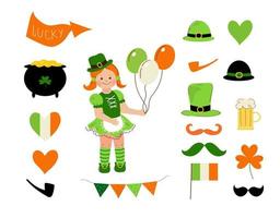 petite fille en costumes irlandais. St. patrick's day.vector illustration de jeu de dessin animé doodle. vecteur