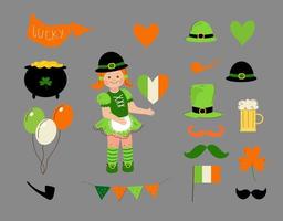 petite fille en costumes irlandais. St. patrick's day.vector illustration de jeu de dessin animé doodle. vecteur