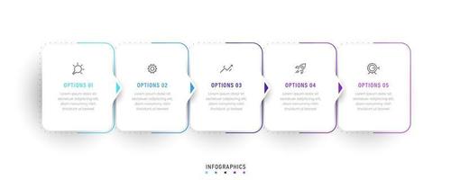 modèle de conception d'étiquettes infographiques vectorielles avec icônes et 5 options ou étapes. peut être utilisé pour le diagramme de processus, les présentations, la mise en page du flux de travail, la bannière, l'organigramme, le graphique d'informations. vecteur