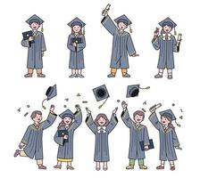 une collection de personnages diplômés. des étudiants vêtus de costumes de graduation tiennent leurs diplômes et lancent leurs chapeaux vers le haut, se réjouissant. vecteur