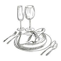 un croquis dessiné à la main d'un service de table pour une cérémonie de mariage. préparation de la cérémonie de mariage. assiettes, flûtes à champagne, couteau, cuillère, fourchette, serviette, verre à vin. portion. sur fond blanc vecteur