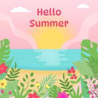 paysage marin exotique d'été avec coucher de soleil et fleurs et plantes tropicales. Bonjour affiche d'été. vecteur