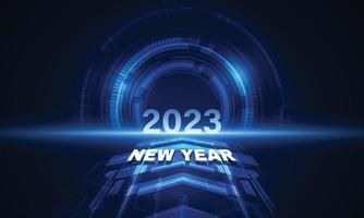 bonne année 2023 célébration avec horloge abstraite lumineuse bule sur fond de technologie futuriste, concept de compte à rebours. vecteur