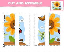 jeu éducatif pour enfants pratique de coupe et assemblage de puzzle avec feuille de travail nature imprimable fleur et insecte mignon de dessin animé vecteur