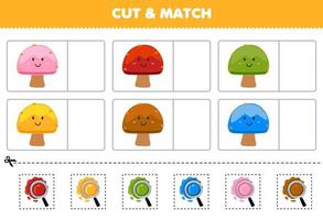 jeu éducatif pour les enfants couper et assortir la même couleur de feuille de travail nature imprimable champignon dessin animé mignon vecteur