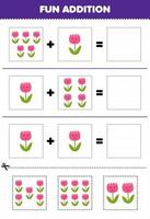 jeu éducatif pour les enfants ajout amusant par coupe et correspondance de jolies images de fleurs de dessin animé pour la feuille de travail imprimable de la nature vecteur