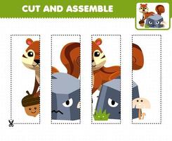 jeu éducatif pour les enfants, pratique de coupe et assemblage de puzzle avec un écureuil de dessin animé mignon derrière la feuille de travail imprimable sur la nature en pierre vecteur