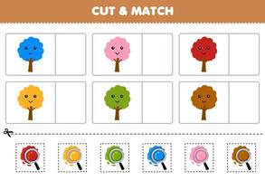 jeu éducatif pour les enfants coupez et associez la même couleur de feuille de travail nature imprimable arbre dessin animé mignon vecteur