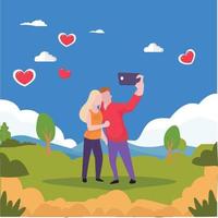 couple publiant un selfie sur les réseaux sociaux à l'illustration de la saint valentin vecteur