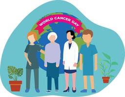 femme médecin avec des patients atteints de cancer célèbrent l'illustration de la journée mondiale du cancer vecteur