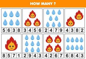 jeu éducatif pour les enfants comptant combien de dessin animé mignon feu ou eau dans chaque table feuille de travail nature imprimable vecteur