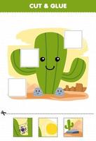 jeu éducatif pour les enfants coupez et collez des parties de cactus de dessin animé mignon dans le désert et collez-les feuille de travail nature imprimable vecteur