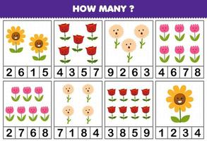jeu éducatif pour les enfants comptant combien de fleurs de dessin animé mignon dans chaque table feuille de travail nature imprimable vecteur