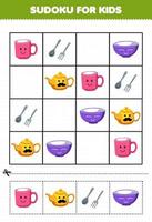 jeu d'éducation pour les enfants sudoku pour les enfants avec dessin animé mignon tasse bol fourchette cuillère théière outil imprimable feuille de travail vecteur