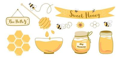 ensemble de pots de miel abeille bol de miel cuillère en bois fleurs sauvages bocaux en verre avec du miel, des gouttes. texte doux miel sur ruban. éléments de conception d'aliments sains jaunes isolés sur blanc. illustration de miel sucré. vecteur