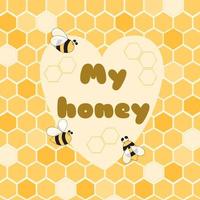 mon affiche mignonne de bannière de miel pour l'anniversaire de la fête des abeilles, la naissance des enfants, la douche de bébé, la date de la Saint-Valentin. fond jaune en nid d'abeille. notion d'amour. forme de coeur. abeille dessinée à la main. illustration de bourdon. vecteur