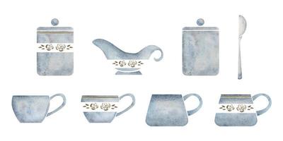 ensemble d'objets dessinés à la main à l'aquarelle. tasses à café, pot, crémier, cuillère, porcelaine et or, vue latérale. isolé sur fond blanc. pour les invitations, le café, le menu du restaurant, l'impression, le site Web, les cartes vecteur