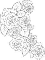 illustration vectorielle rose d'un beau bouquet de fleurs, livre de coloriage dessiné à la main de fleurs artistiques, roses de fleurs isolées sur la conception de tatouage de fond blanc. vecteur