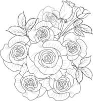 bouquet de rose croquis au crayon dessiné à la main, page de coloriage et livre pour adultes isolés sur fond blanc tatouage d'élément floral, art d'encre d'illustration, collection de printemps de roses rouges en fleurs. vecteur