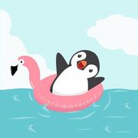 pingouin mignon avec flotteur flamant rose sur la mer vecteur